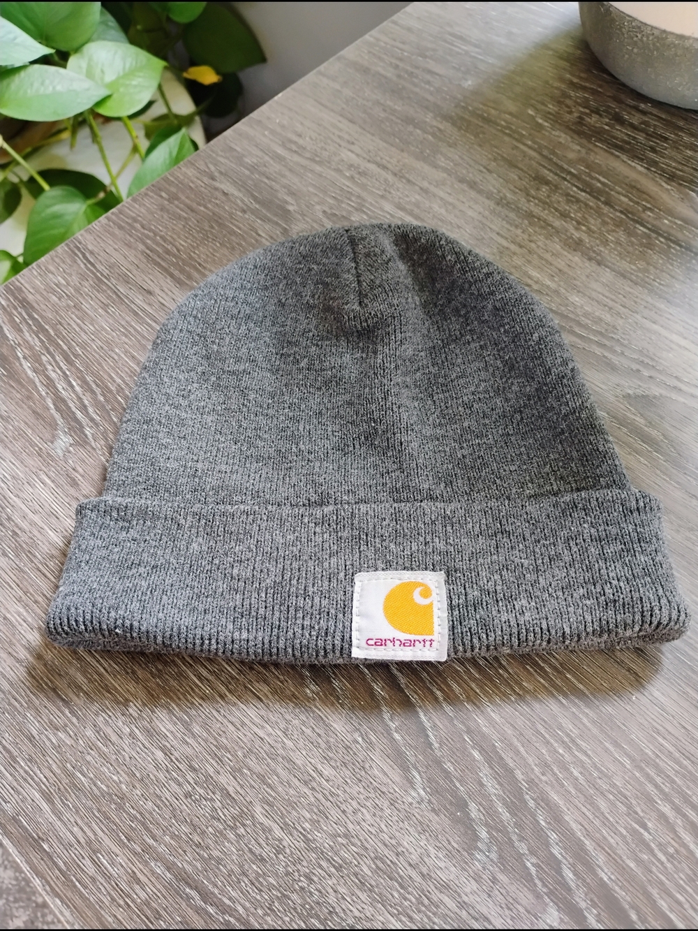 Carhartt Youth Charcoal Knit Cuffed Beanie with Yellow Logo Patch
